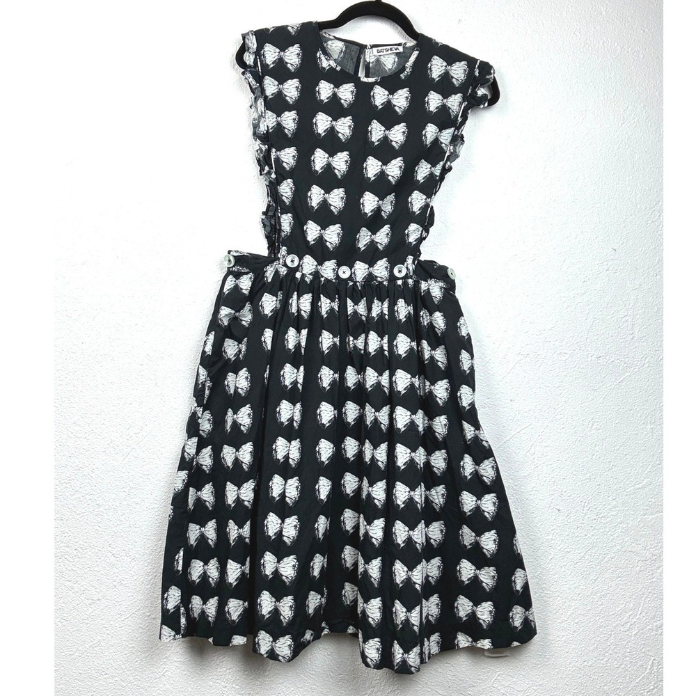 Batsheva Black White Bow Print Cotton Prairie Dress Size 12 Ruffle Open Waist
